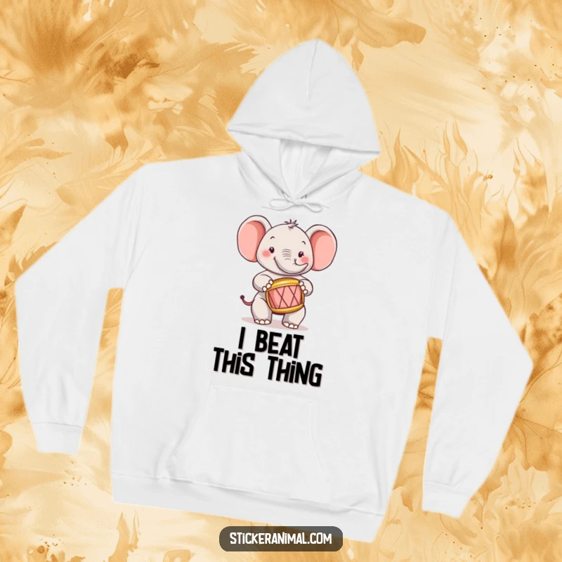 Funny and cheerful elephant character in a hoodie, energetically playing a tiny drum with a smile.