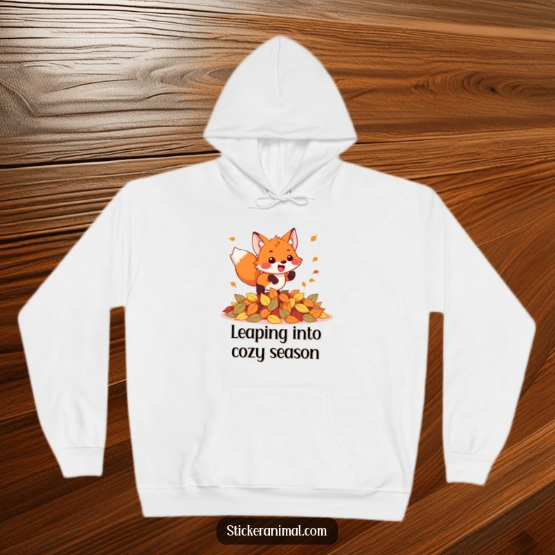 Funny hoodie illustrating a joyful fox leaping headfirst into a thick mound of crisp, fallen autumn leaves, radiating excitement.