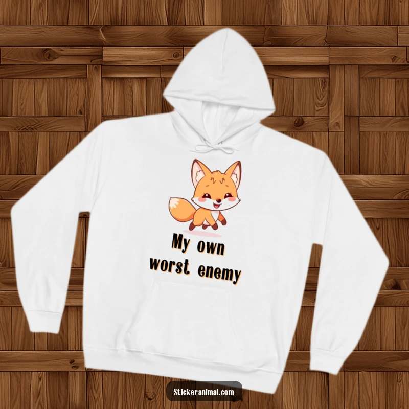 Funny hoodie with a grinning fox character in a comical pursuit of its own tail, offering warmth and humorous style.