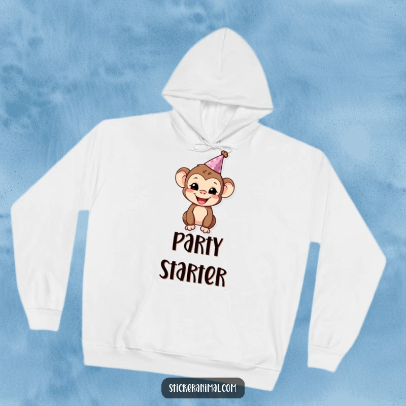 Funny monkey character in a cozy hoodie, wearing a party hat and looking ready to party.