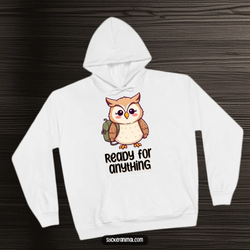 Funny hoodie with a cheerful owl wearing a backpack, ready for adventure, offering warmth and a sense of exploration.
