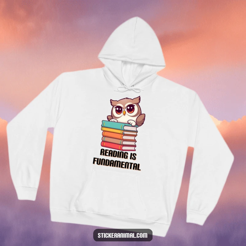 Funny hoodie displays a curious owl peeking from behind a stack of books, a cozy item for readers.