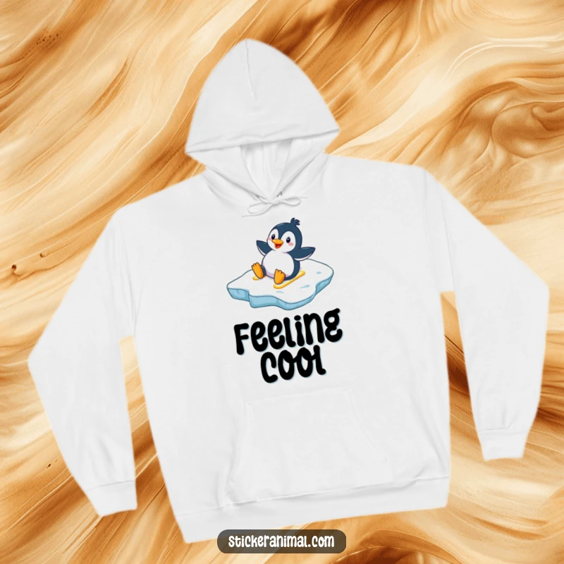 Funny penguin hoodie with a cheerful penguin sliding down an icy slope, offering warmth and delightful winter humor.