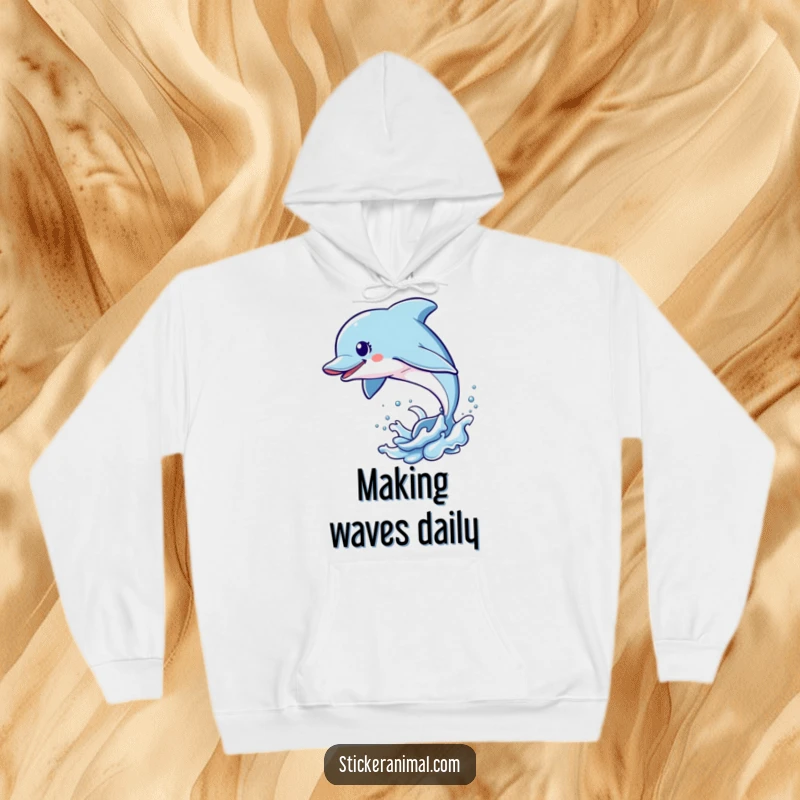 Funny Dolphin Leap Hoodie featuring an energetic dolphin character leaping out of the water, offering warm, humorous ocean-themed comfort.