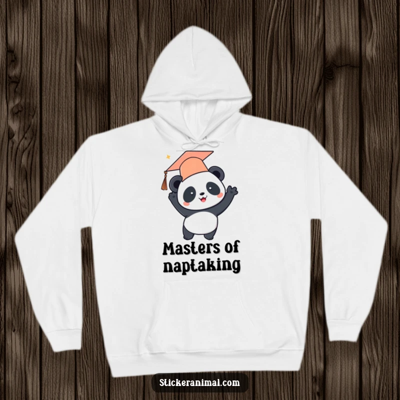 Funny hoodie featuring a cheerful panda in a graduation cap, tossing it up in celebration, symbolizing academic triumph and happiness.