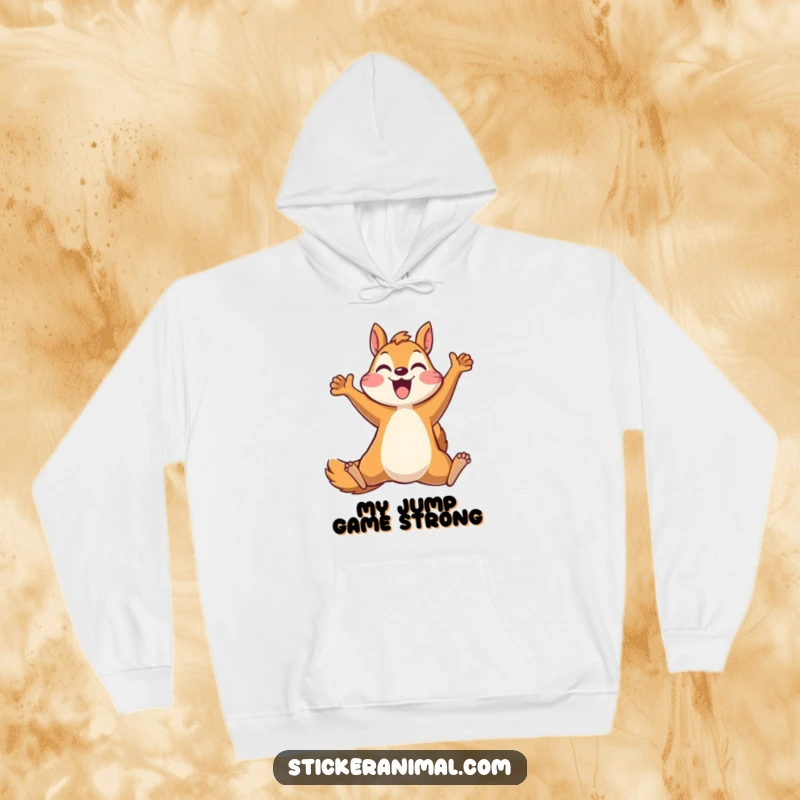 Funny hoodie depicting a squirrel in a triumphant, energetic leap, symbolizing joy and excitement, a cozy and humorous fashion statement.
