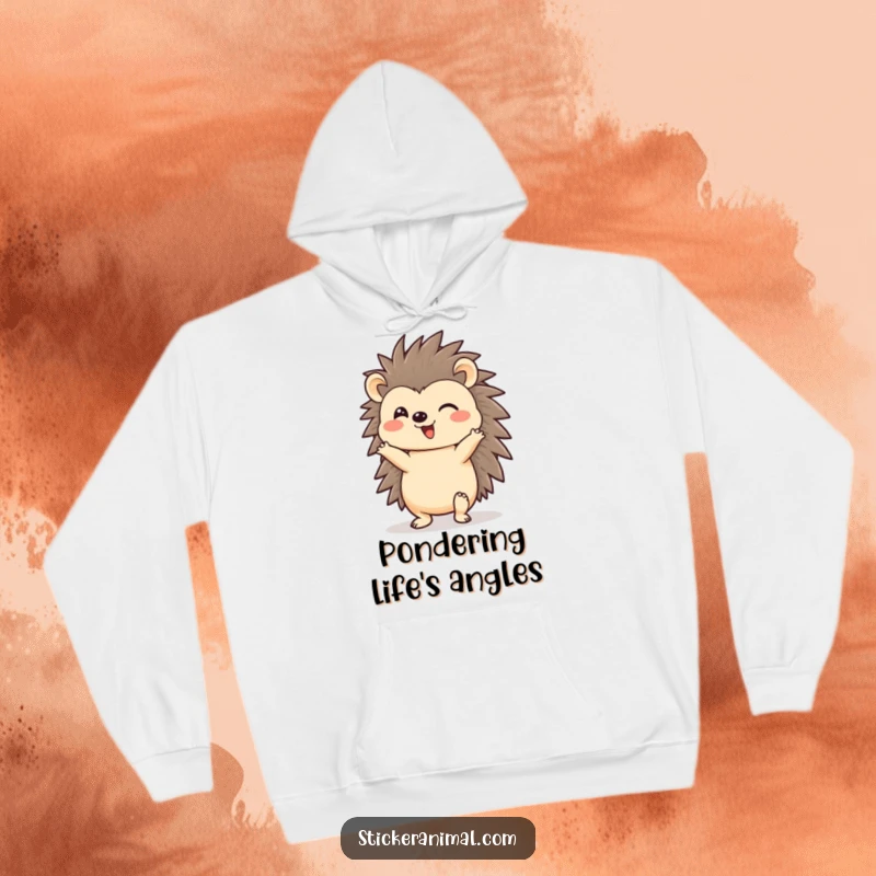 Funny, cheerful hedgehog character doing a headstand on a hoodie, offering warmth and humor, excellent as a funny gift.