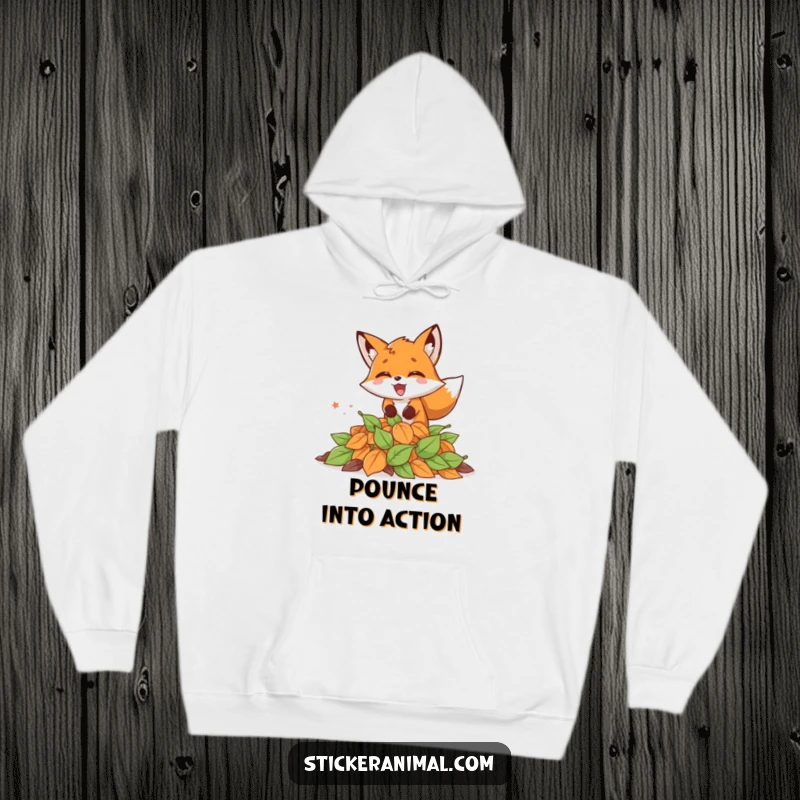 Funny hoodie depicting an energetic fox mid-pounce into a pile of colorful autumn leaves, offering cozy fall vibes.