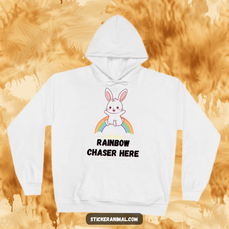 Funny hoodie with a smiling bunny hopping over a rainbow, offering cozy comfort and magical humor.