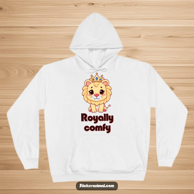 Funny, cute lion wearing a small crown, depicted on a cozy hoodie, perfect for regal comfort and humor.