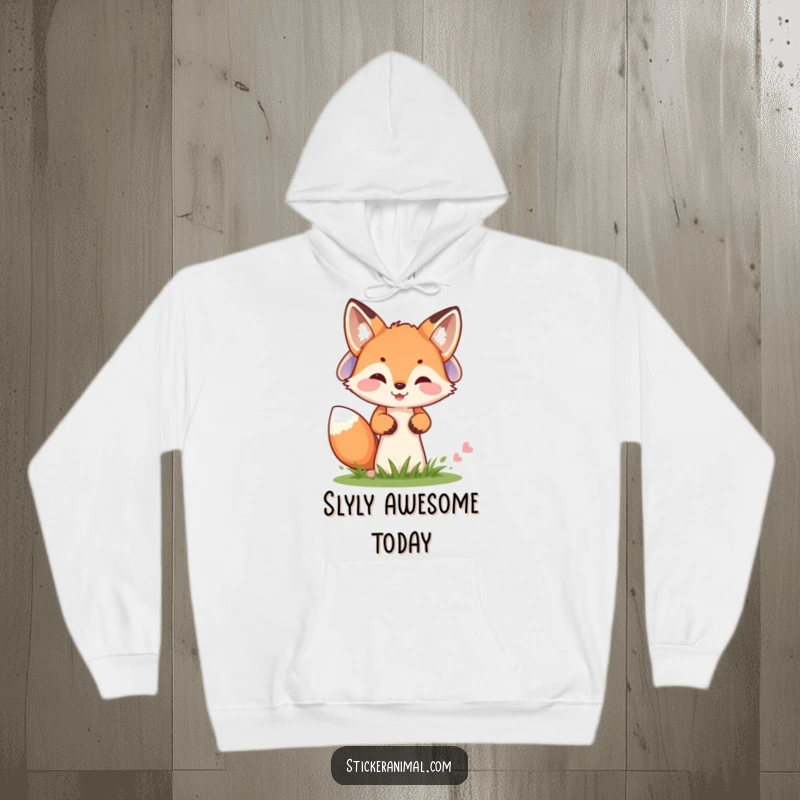 Funny hoodie with a cheerful fox cub peeking from behind a mushroom, offering cozy comfort and woodland humor.
