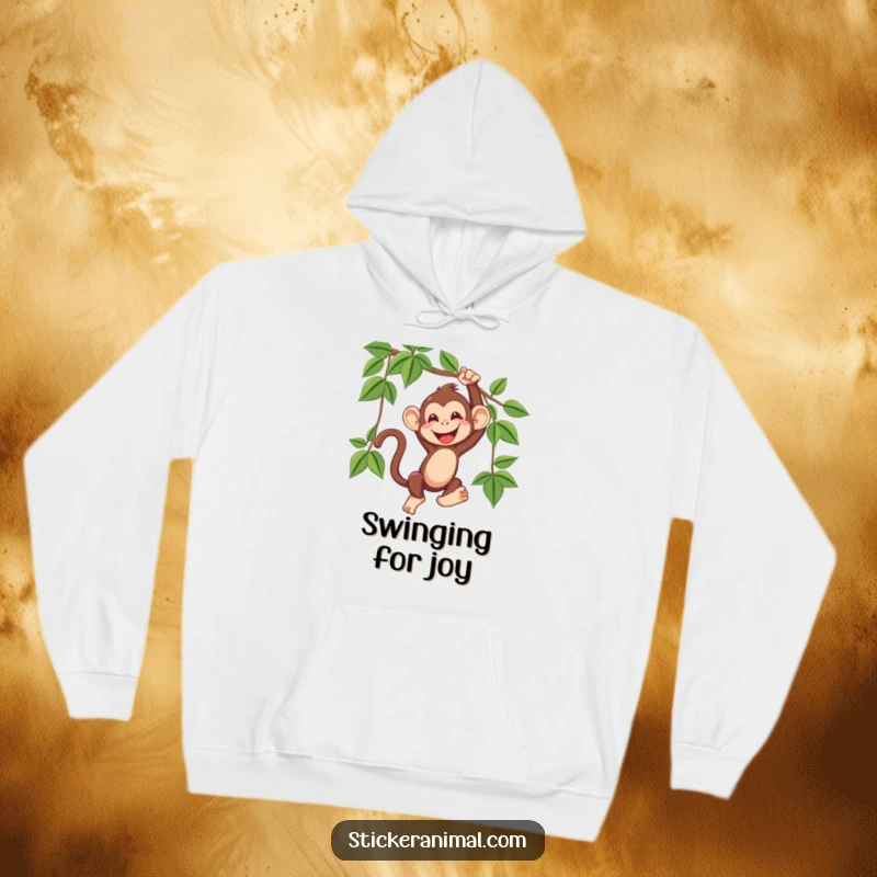 Funny hoodie showing a happy monkey swinging through the jungle on a vine, emitting uncontrollable, joyous giggles.