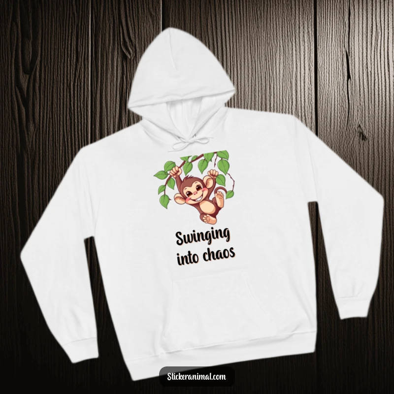 Funny Monkey Swinging Hoodie featuring a mischievous monkey character swinging from a vine with a wide, humorous grin, perfect for cozy fun.