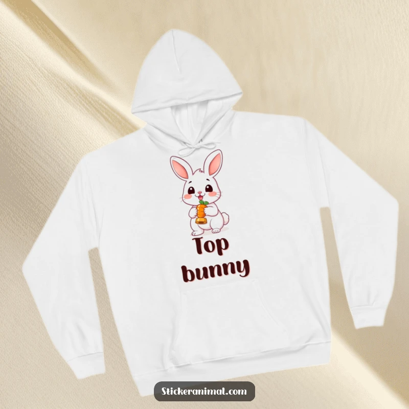 Funny Cheerful Rabbit Hoodie: A cozy sweatshirt showing a happy rabbit holding a carrot like a trophy, perfect for spreading warmth and cheer.