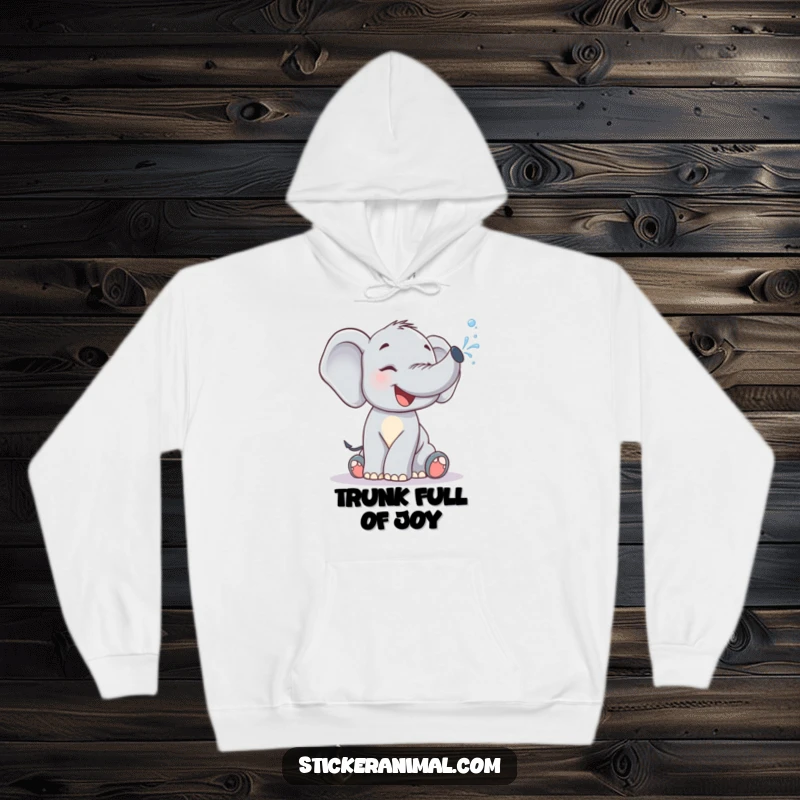 Funny Hoodie: A cute elephant calf laughing heartily while spraying water from its trunk, full of playful energy.
