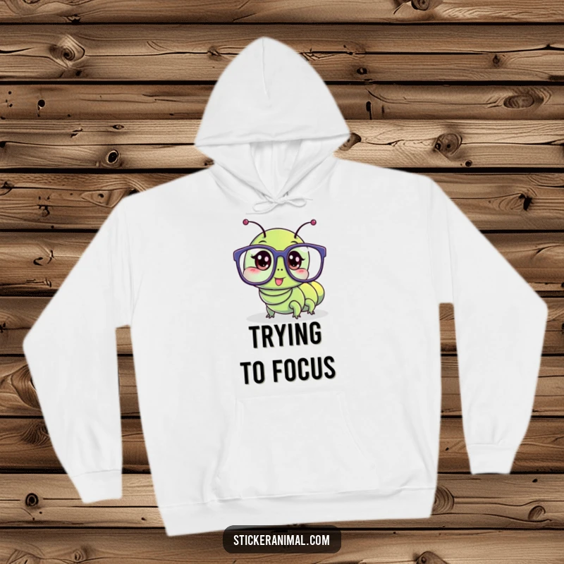 Funny hoodie shows a wriggling caterpillar character hilariously wearing oversized glasses, providing cozy humor.