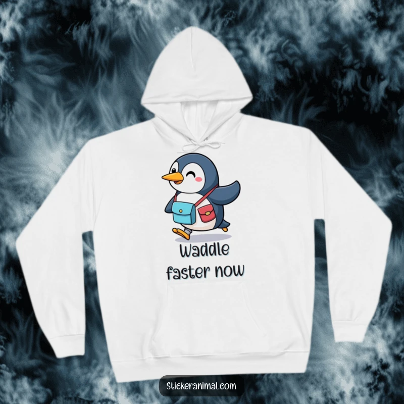 Funny penguin hoodie with a cheerful character carrying a messenger bag, depicted running with enthusiasm, perfect for cozy, active days.