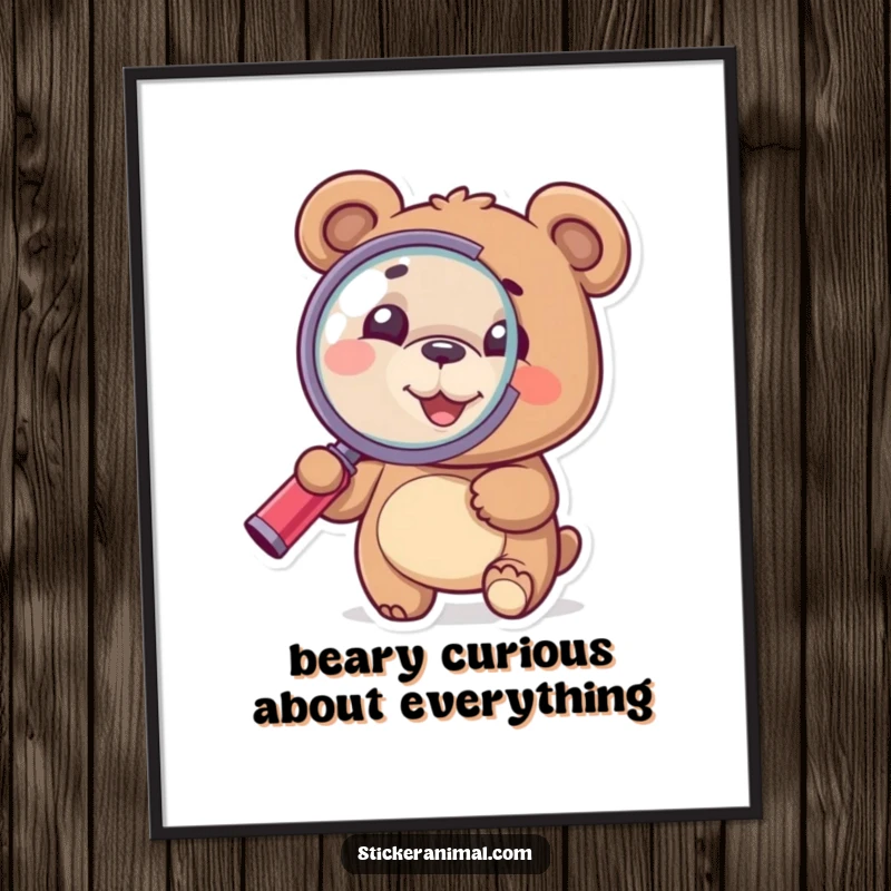 Funny free printable wall art: A bear with a large magnifying glass peers intently, full of curious wonder. Whimsical room decor.