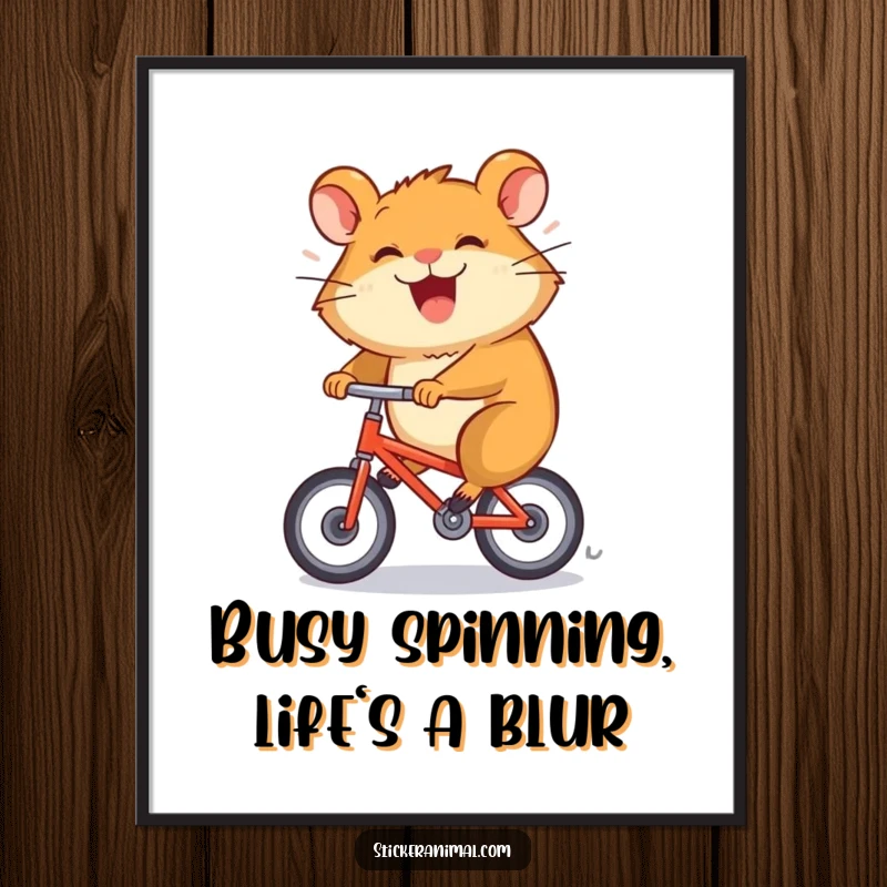 Funny free printable wall art depicting a grinning hamster spinning rapidly on a tiny bicycle, creating a humorous and dynamic scene.