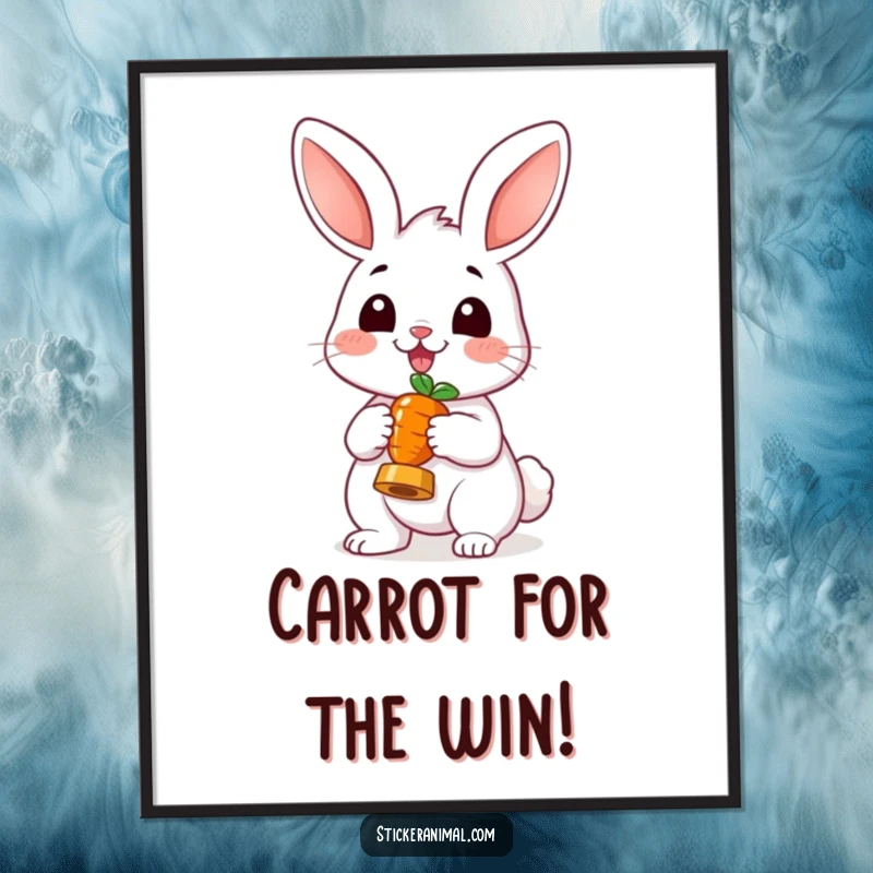 Funny Free Printable Wall Art: A cheerful rabbit holding a tiny carrot like a trophy, beaming with pride.