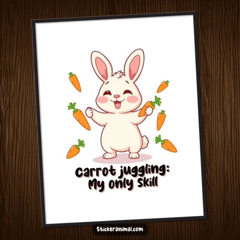 Funny Free Printable Wall Art: Giggling rabbit skillfully juggling carrots, adding cheerful and playful energy to your space.