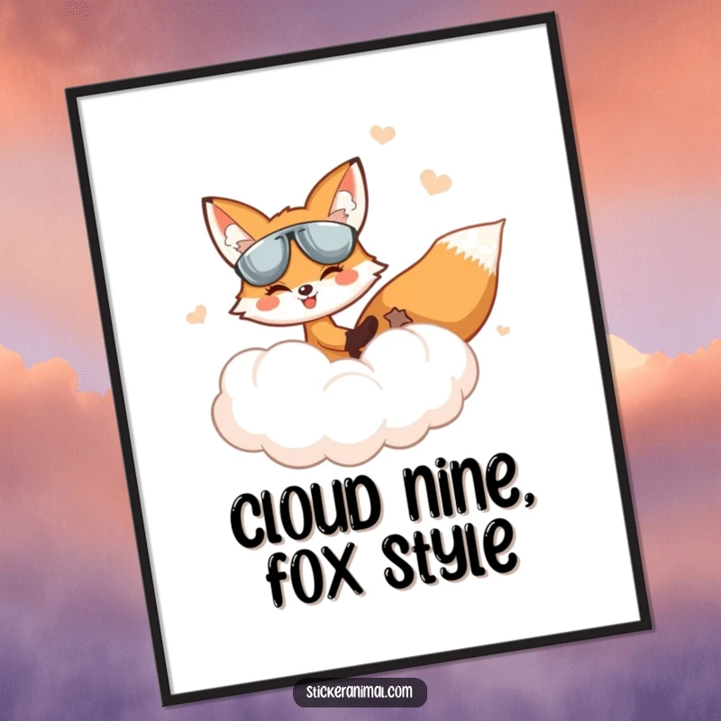 Funny free printable wall art: A happy fox confidently steers a fluffy cloud through a dreamy, whimsical sky. Magical decor piece.