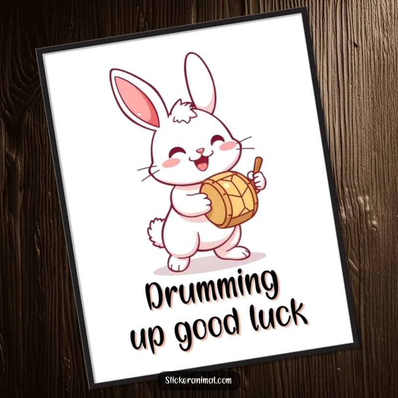 Funny Free Printable Wall Art of a bouncing bunny with twitching ears, joyfully playing a tiny drum, adding musical cheer.