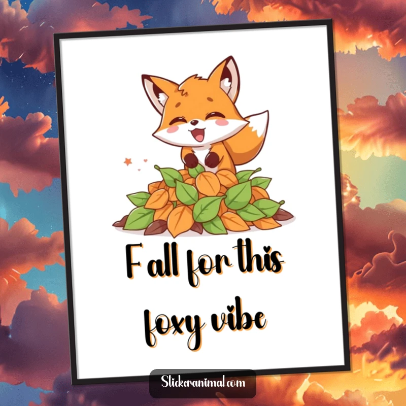 Funny Free Printable Wall Art: An energetic fox leaping with glee into a pile of vibrant autumn leaves.