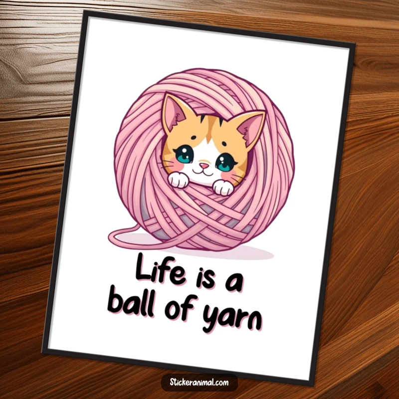 Funny Free Printable Wall Art of a curious cat peeking from behind a comical giant ball of yarn, perfect for quirky decor.