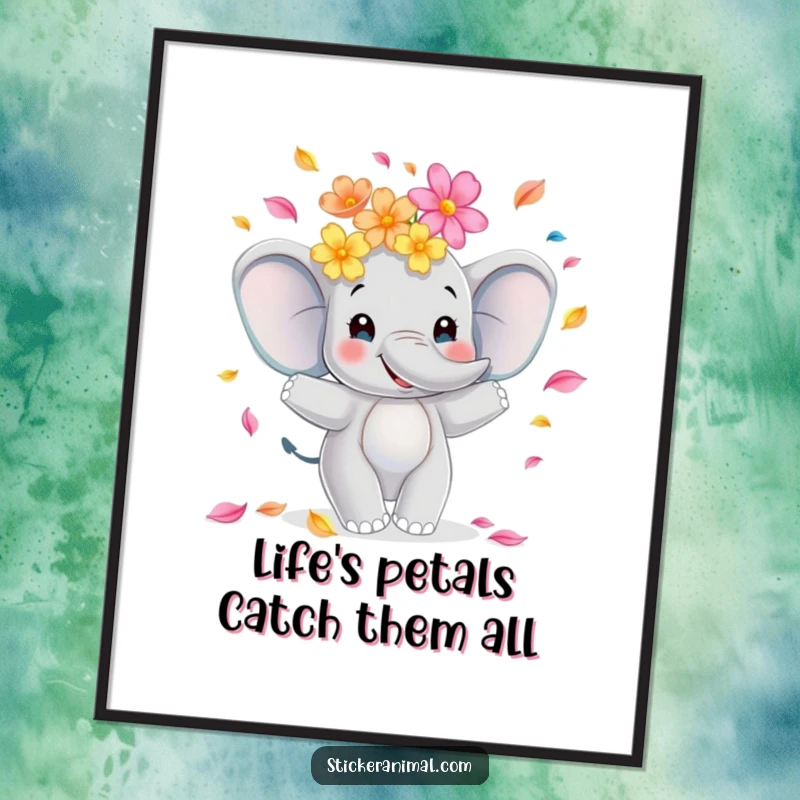 Funny Free Printable Wall Art: An elegant elephant gracefully juggling a shower of colorful flower petals, adding whimsy to any room.