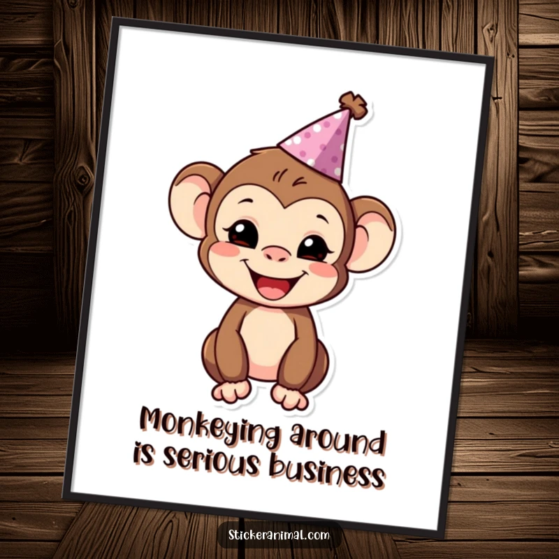 Funny Free Printable Wall Art: A smiling monkey character wearing a vibrant party hat, exuding cheerful energy.