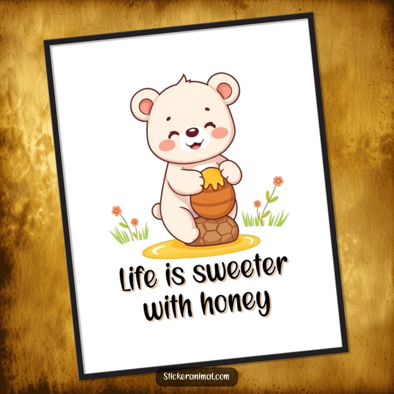 Funny Free Printable Wall Art: A cute bear cub perfectly balancing a sticky pot of golden honey, looking content.