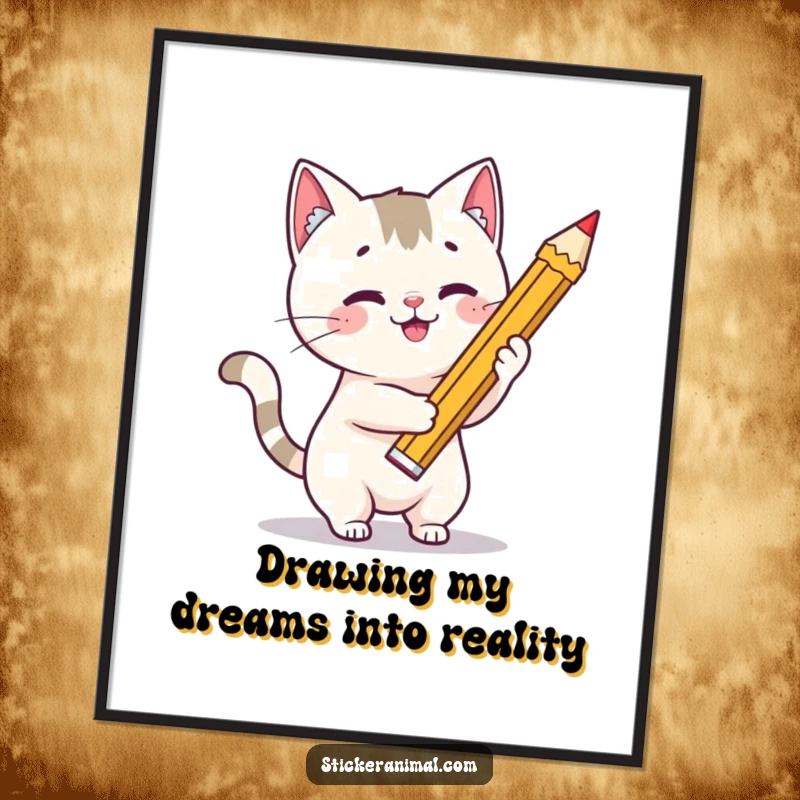 Funny Free Printable Wall Art: A cute cat artist diligently drawing a large, bright star with a massive pencil.