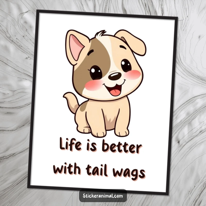 Funny Free Printable Wall Art: A beaming dog character enthusiastically wagging its tail, radiating pure happiness.
