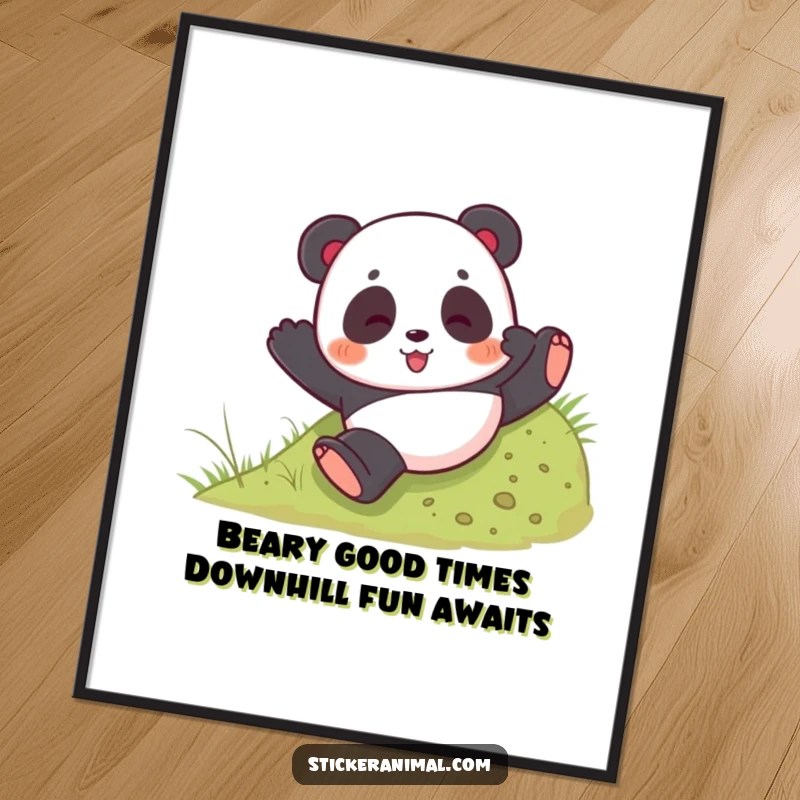 Funny Free Printable Wall Art: A playful panda bear character tumbles down a small grassy hill with pure joy.