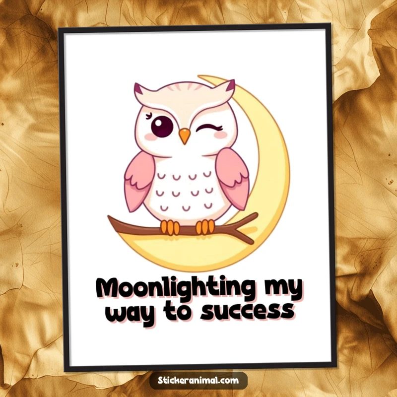 Funny Free Printable Wall Art: A charming winking owl perched majestically on a detailed crescent moon, radiating nighttime humor.