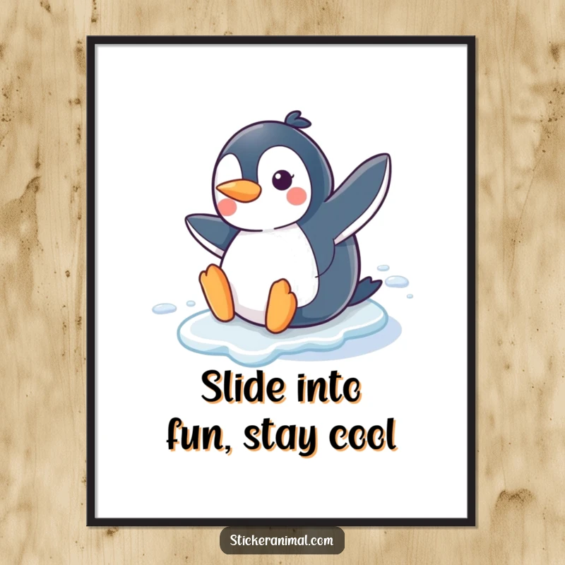 Funny Free Printable Wall Art depicting a joyful penguin with a big smile, gracefully sliding on a smooth ice surface.