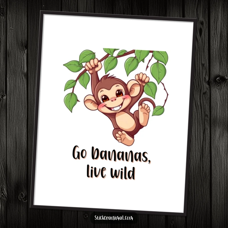 Funny Free Printable Wall Art depicting a mischievous monkey with a wide grin, swinging energetically from a jungle vine.