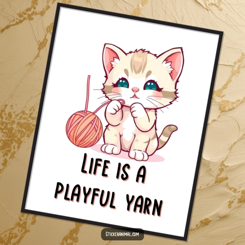 Funny Free Printable Wall Art: A curious kitten playfully bats at a dangling ball of yarn, full of charm.