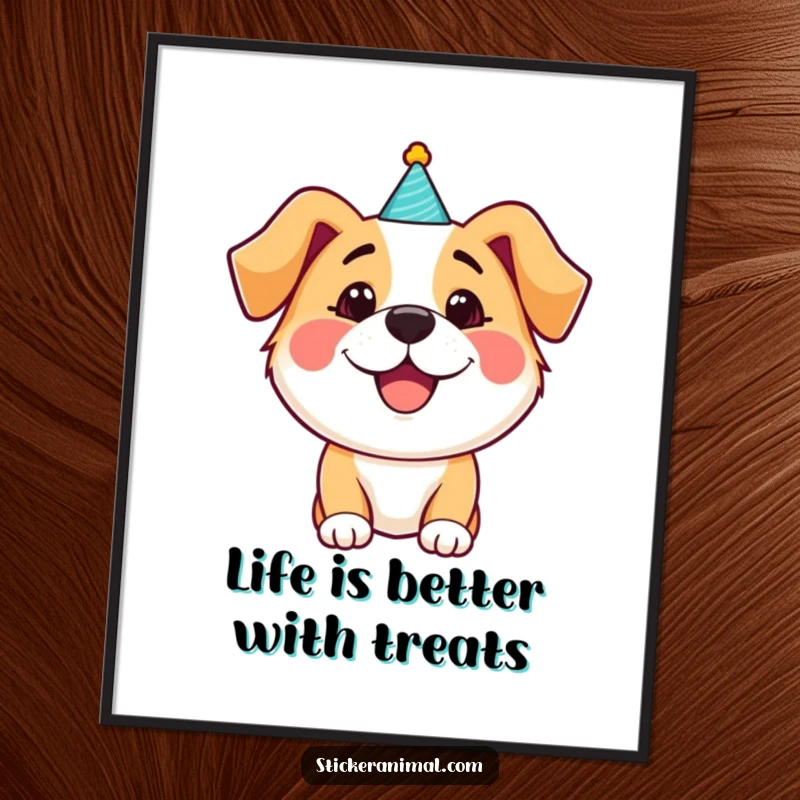 Funny Free Printable Wall Art: Happy dog wearing a small party hat, bringing cheerful vibes and playful energy.
