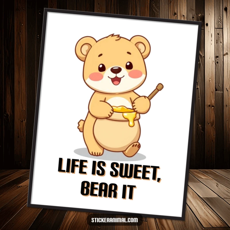 Funny Free Printable Wall Art: A charming bear cub gleefully balancing a dripping honey pot, bringing smiles and sweetness.