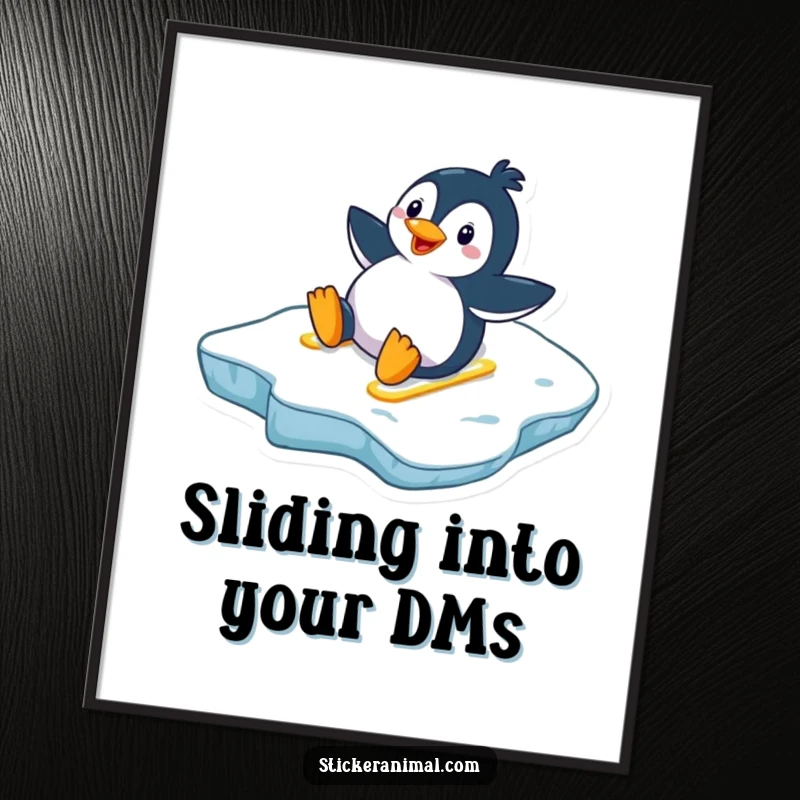 Funny Free Printable Wall Art: A delighted penguin in mid-slide down a glistening icy slope, captured in a moment of pure exhilaration.