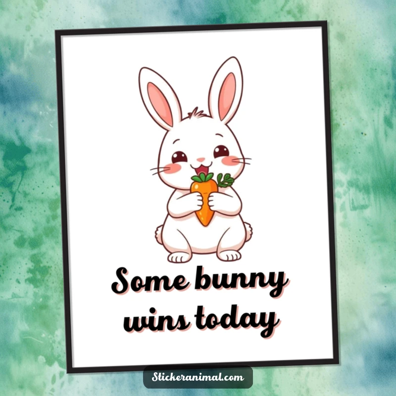 Funny Free Printable Wall Art: A cheerful rabbit holds a small carrot aloft like a golden trophy, bringing smiles.