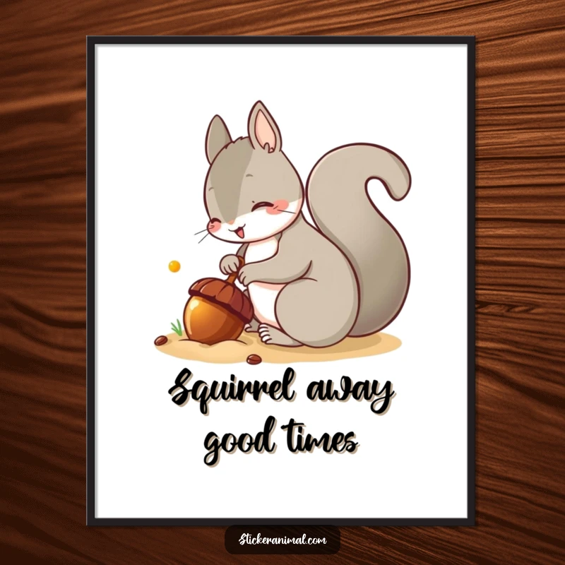 Funny Free Printable Wall Art: A playful squirrel intently burying a large, glistening acorn, ready for winter.