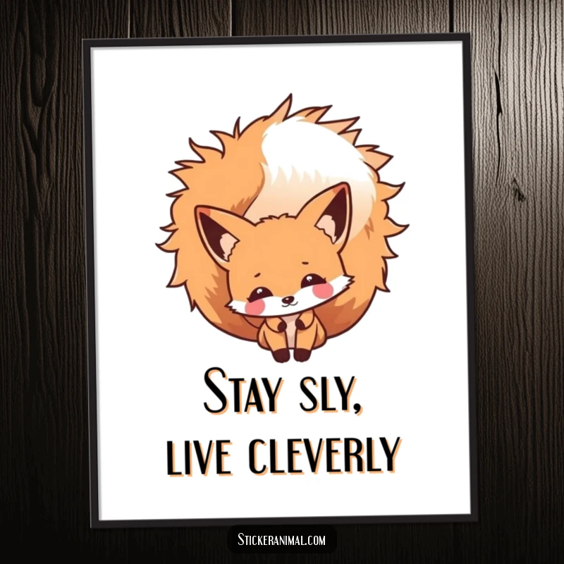 Funny Free Printable Wall Art featuring a curious, cheeky fox peeking from behind its large, bushy tail in a woodland setting.