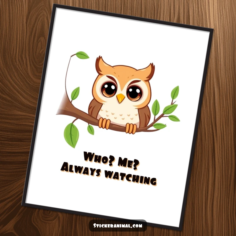 Funny Free Printable Wall Art: Playful owl with large, expressive eyes peeking from a branch, adding a wise and whimsical touch.