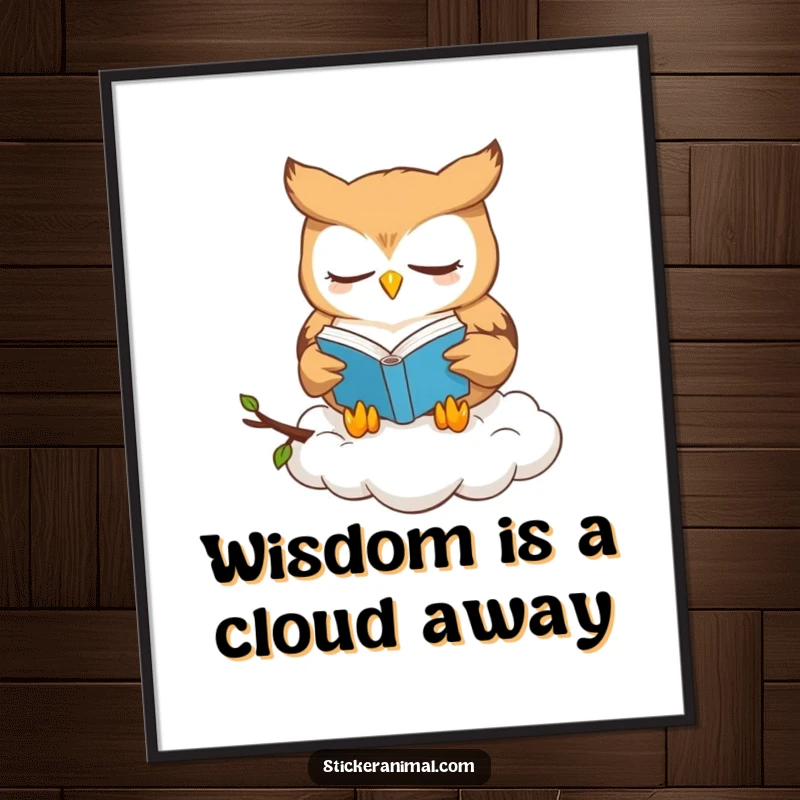 Funny Free Printable Wall Art: A wise, bespectacled owl reads a book peacefully on a soft cloud.