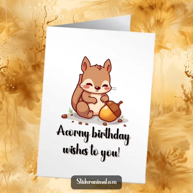 Funny Free Printable Birthday Card featuring a mischievous squirrel plotting to hide a shiny acorn, perfect for a woodland-themed celebration.