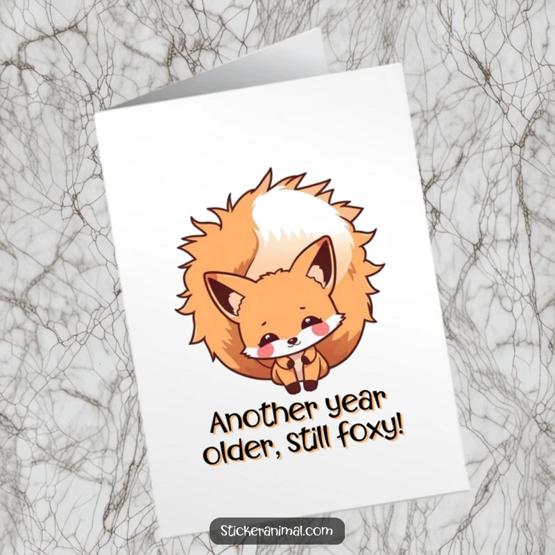 Funny Free Printable Happy Birthday card with a cheeky fox character slyly peeking from behind its bushy tail, full of mischief.