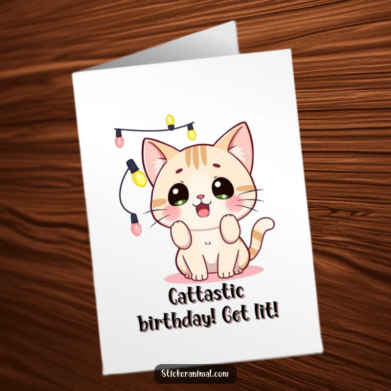 Funny Free Printable Birthday Card: Surprised cat batting playfully at a tangled string of colorful lights, a festive mishap.